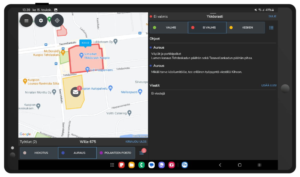 Kuva Kiho Tactical Mapista, kun aluepohjainen työnhallinta tehdään tabletilla.